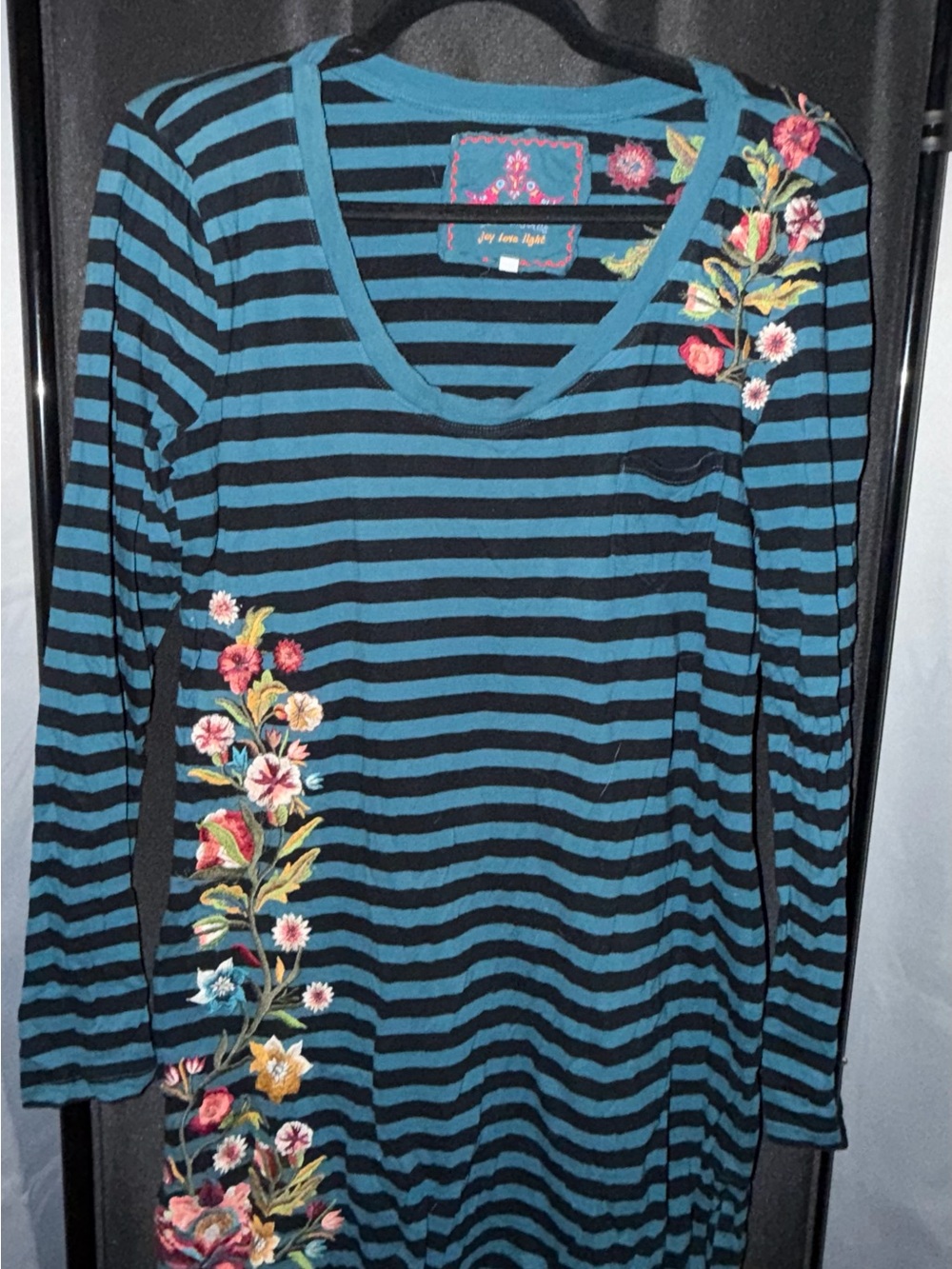 Striped Blue and Black Embroidered Long Sleeve Tunic